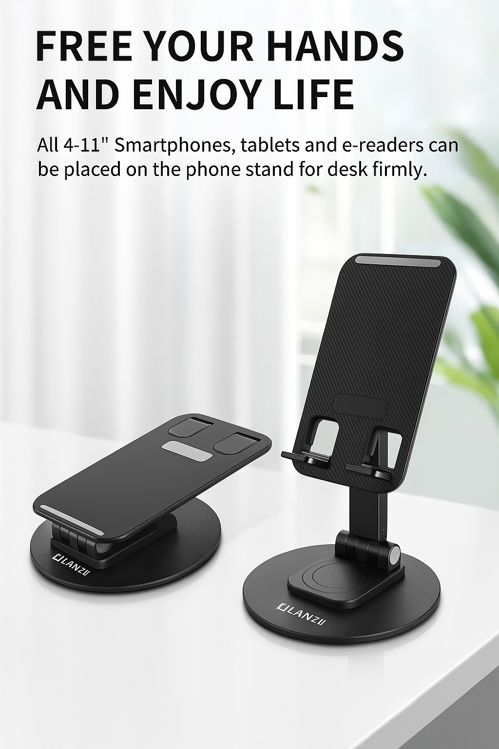 LILANZU Adjustable Phone & Tablet Stand – Foldable Desk Holder for iPhone, iPad, Samsung, E-Readers | 360° Rotating, Height & Angle Adjustable, Sturdy Aluminum Base