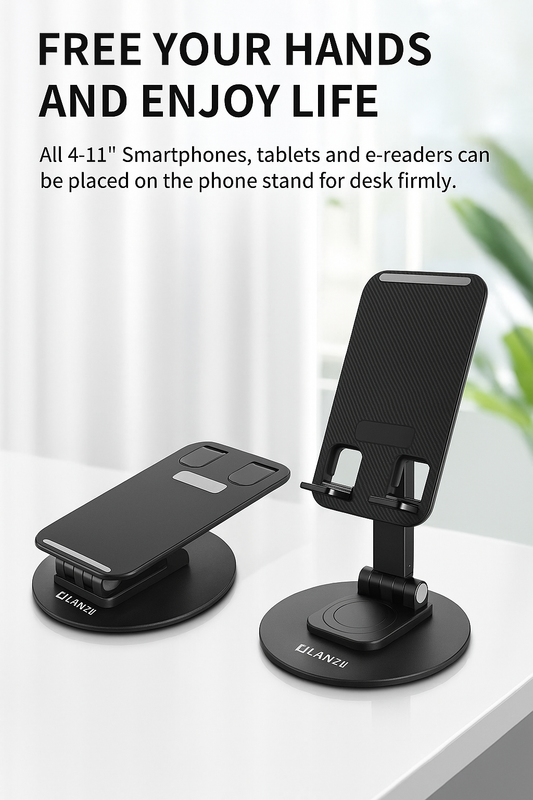 LILANZU Adjustable Phone & Tablet Stand – Foldable Desk Holder for iPhone, iPad, Samsung, E-Readers | 360° Rotating, Height & Angle Adjustable, Sturdy Aluminum Base