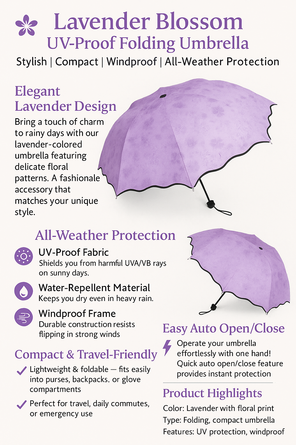 Blossom UV-Proof Folding Umbrella – Stylish Compact Windproof Rain & Sun Protection