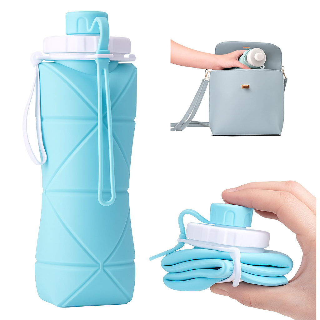 AquaFold™ Collapsible Silicone Water Bottle – BPA-Free, Travel-Friendly, Leak-Proof (600ml)