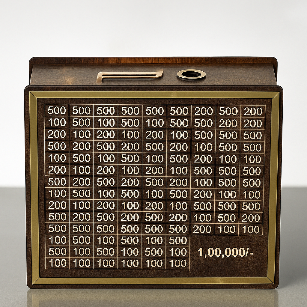 LakshmiLock™ Wooden Money Saving Box – ₹1 Lakh Target Cash Challenge | Lockable Piggy Bank for Adults & Kids