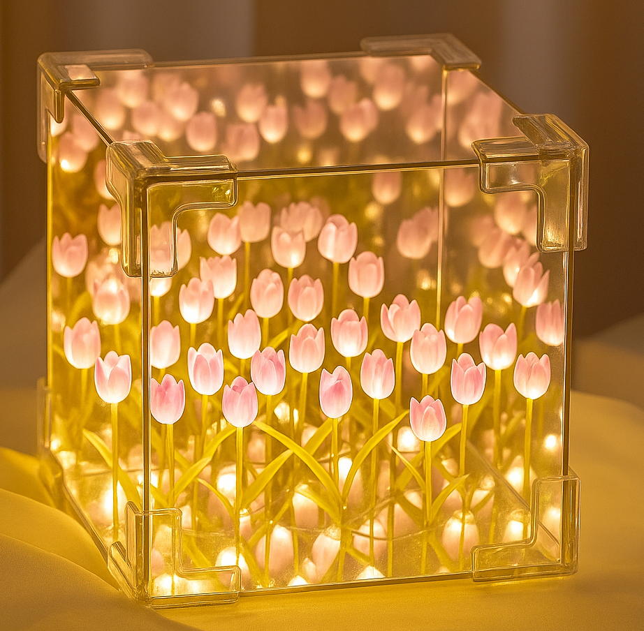 Aesthetic 3D Tulip Flower Cube Lamp – Kawaii LED Mirror Light for Room Decor, Viral Gift, Night Light