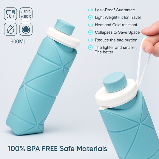 AquaFold™ Collapsible Silicone Water Bottle – BPA-Free, Travel-Friendly, Leak-Proof (600ml)
