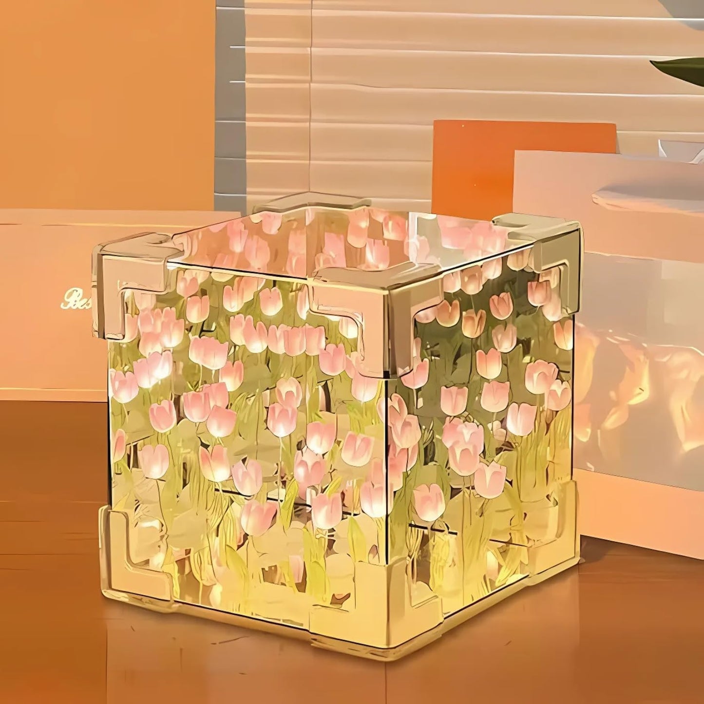 Aesthetic 3D Tulip Flower Cube Lamp – Kawaii LED Mirror Light for Room Decor, Viral Gift, Night Light